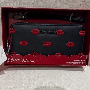 Betsey Johnson Black Wallet with Red Lip Embroidery and Removable Wristlet